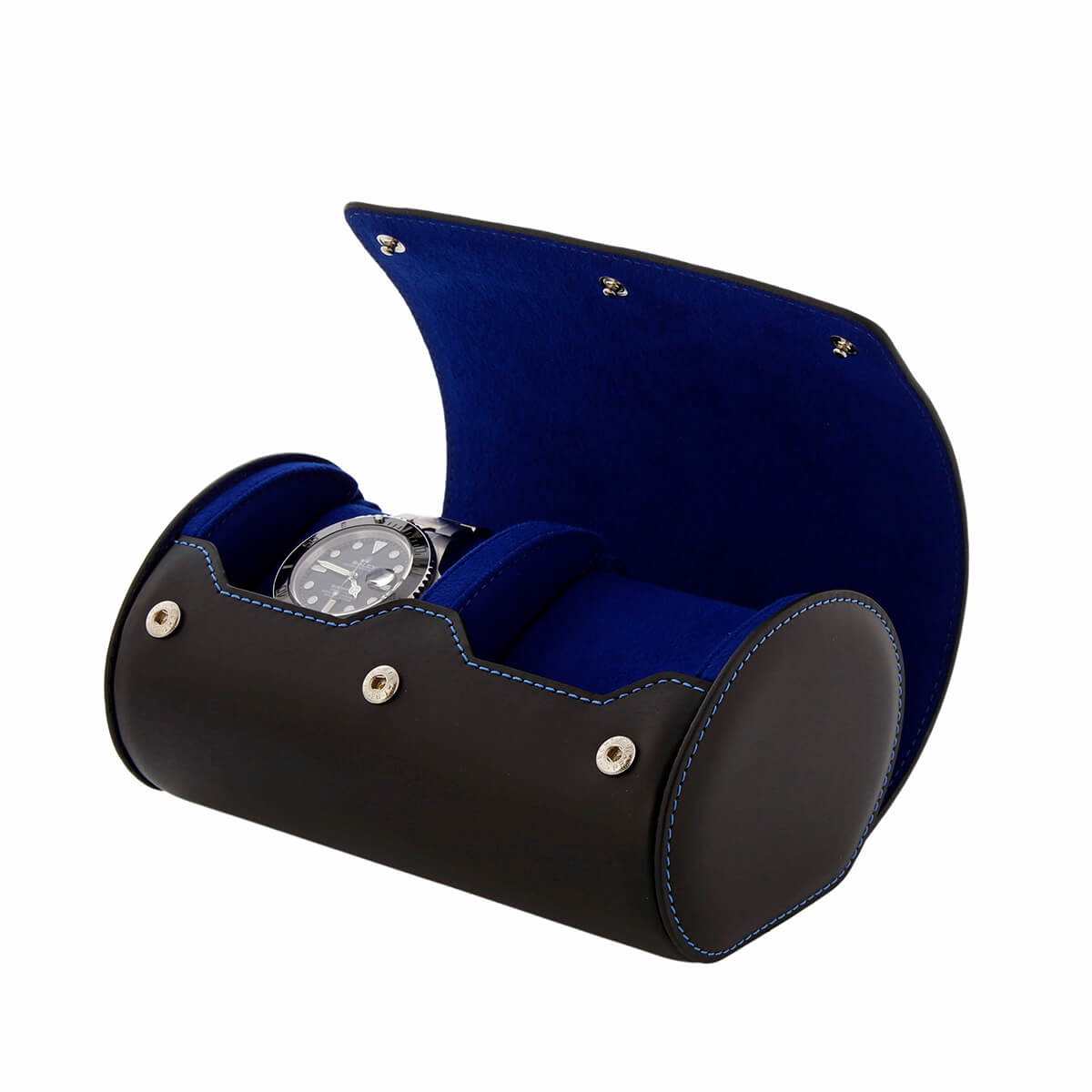 2 Watch Roll Case Premium Black Nappa Leather with Blue Lining by Aevitas