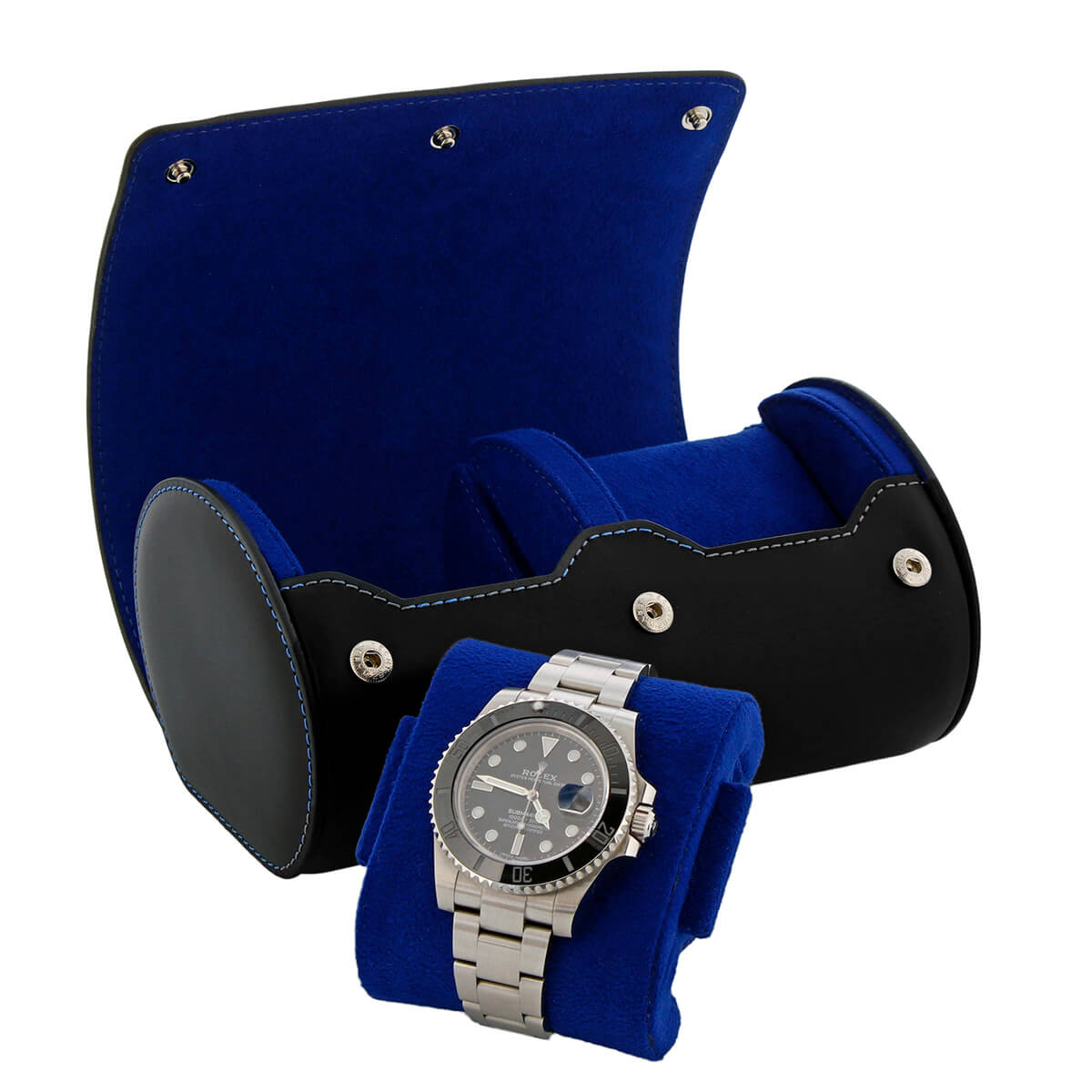 2 Watch Roll Case Premium Black Nappa Leather with Blue Lining by Aevitas