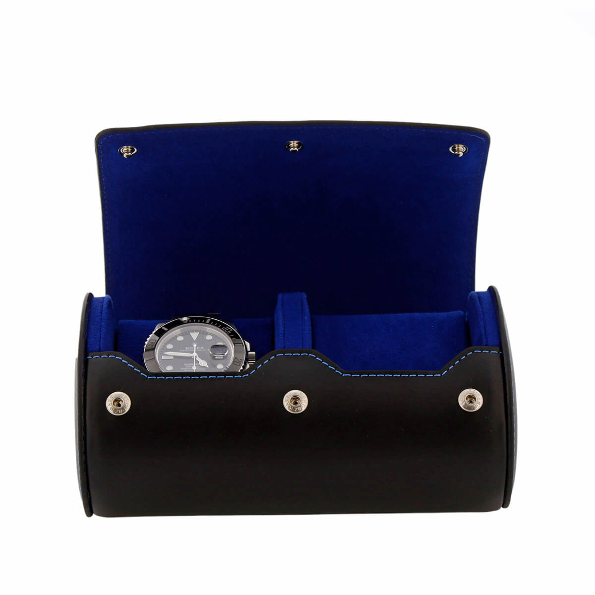 2 Watch Roll Case Premium Black Nappa Leather with Blue Lining by Aevitas