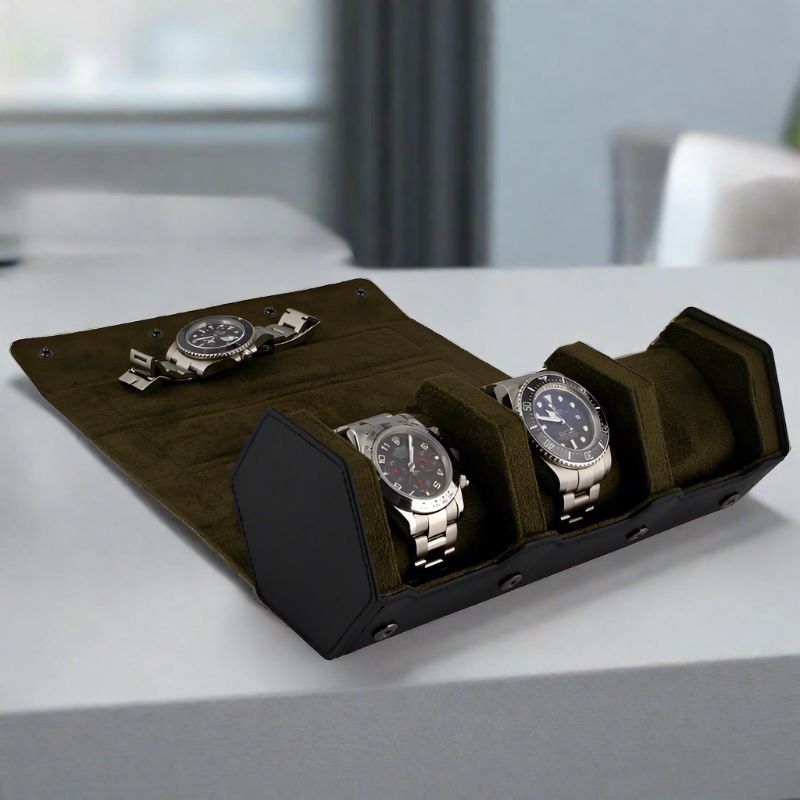 3 Watch Roll Case Hexagon Style in Fine Black Nappa Leather with Luxury Lining - Special Offer