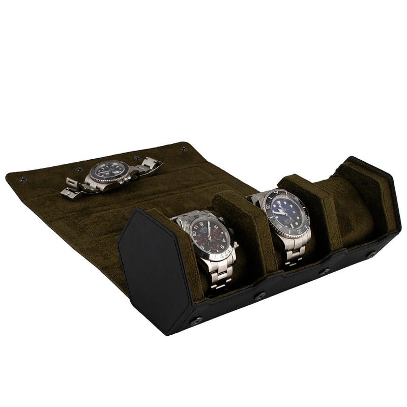 3 Watch Roll Case Hexagon Style in Fine Black Nappa Leather with Luxury Lining - Special Offer