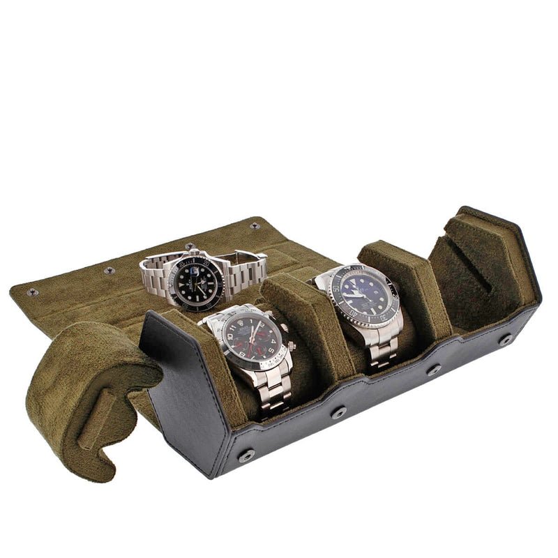 3 Watch Roll Case Hexagon Style in Fine Black Nappa Leather with Luxury Lining - Special Offer