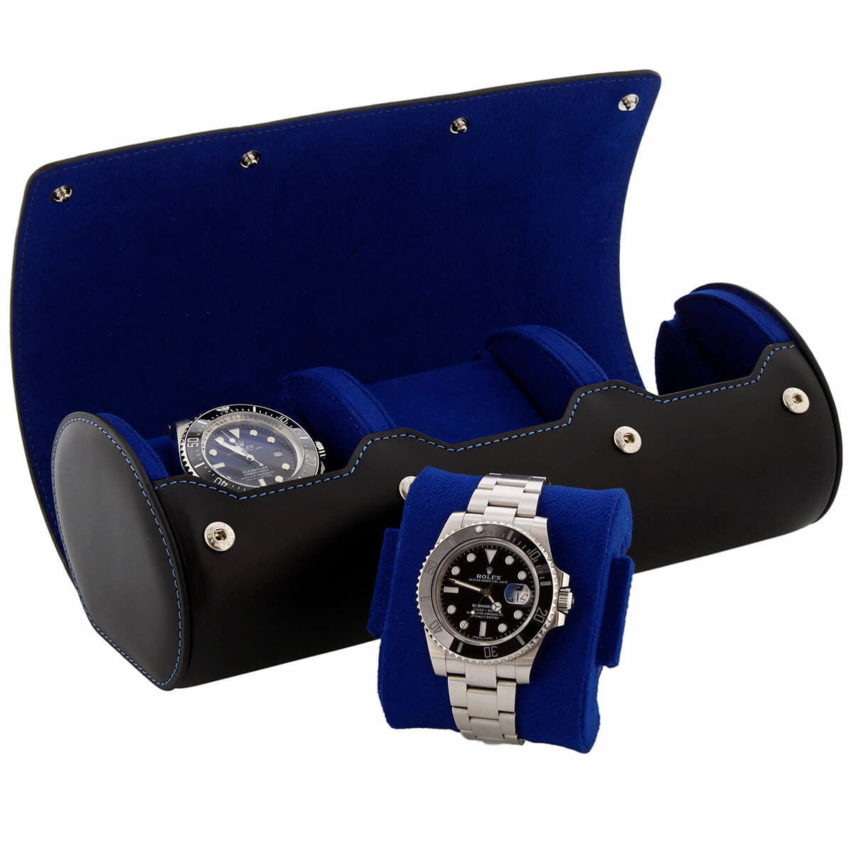 3 Watch Roll Case Premium Black Nappa Leather with Blue Lining by Aevitas