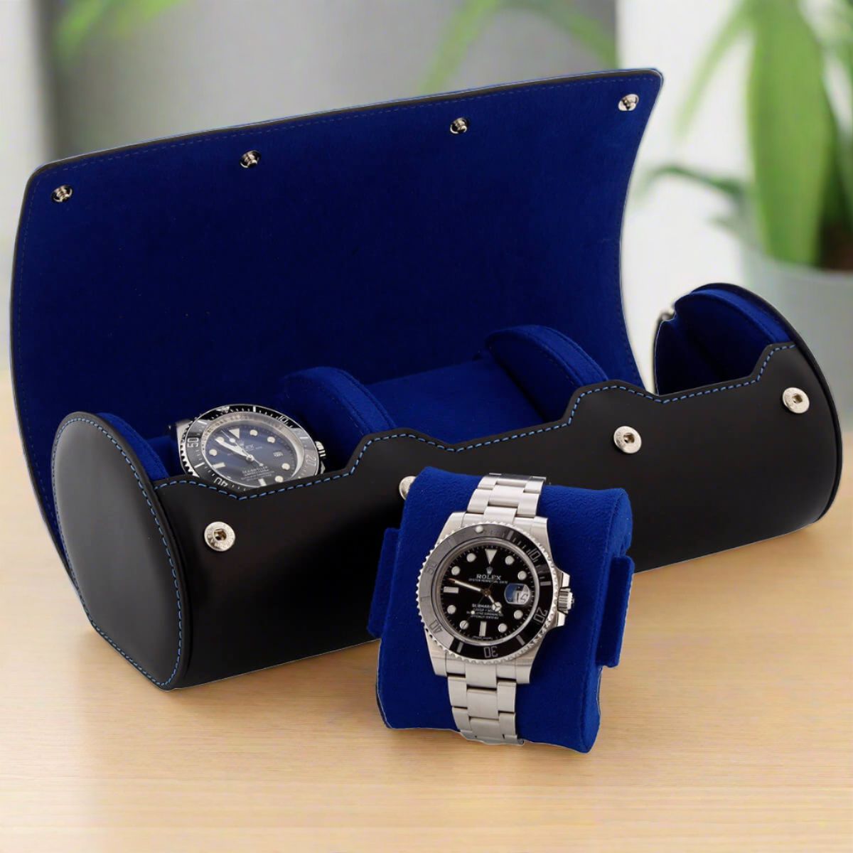 3 Watch Roll Case Premium Black Nappa Leather with Blue Lining by Aevitas