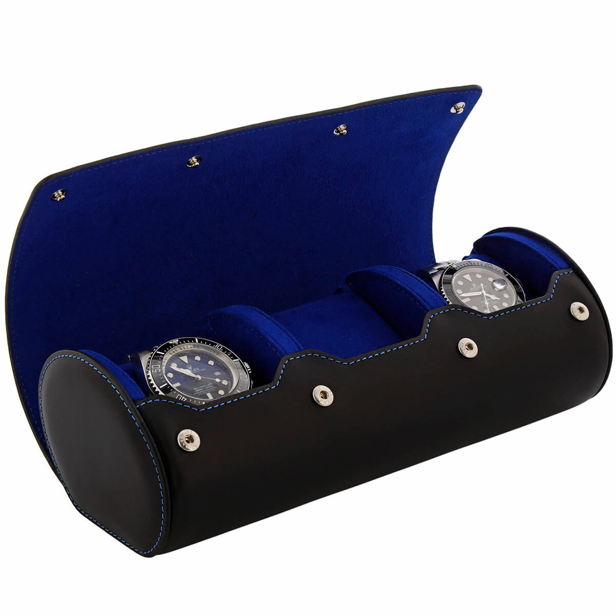 3 Watch Roll Case Premium Black Nappa Leather with Blue Lining by Aevitas