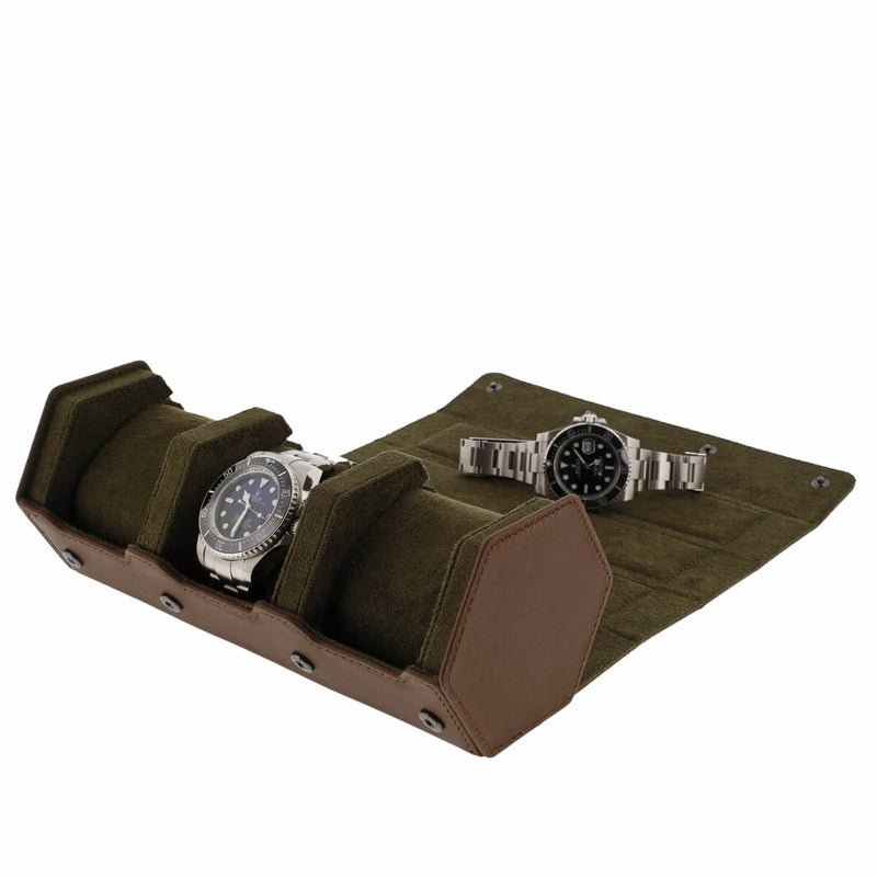 3 Watch Travel Case Hexagon Style in Fine Brown Nappa Leather with Luxury Lining - Special Offer