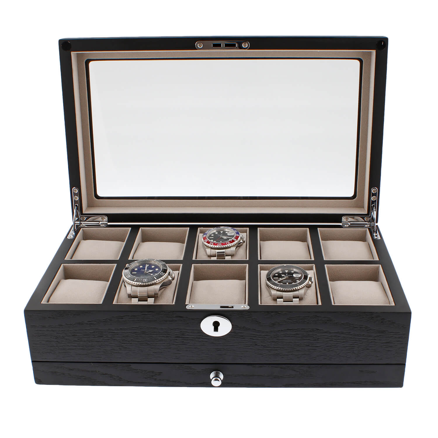 Black Oak Veneer Watch Box for 10 Watches Extra Storage Drawer Premium Quality