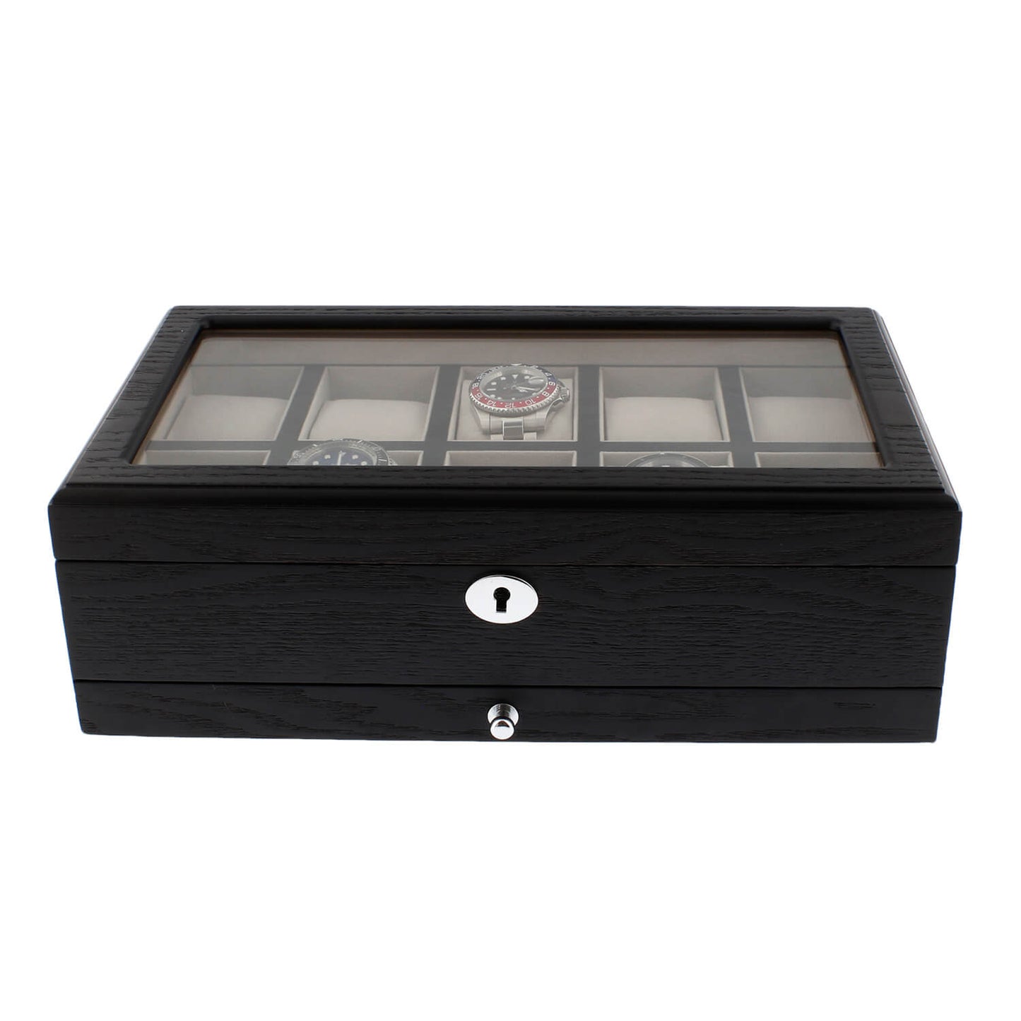 Black Oak Veneer Watch Box for 10 Watches Extra Storage Drawer Premium Quality