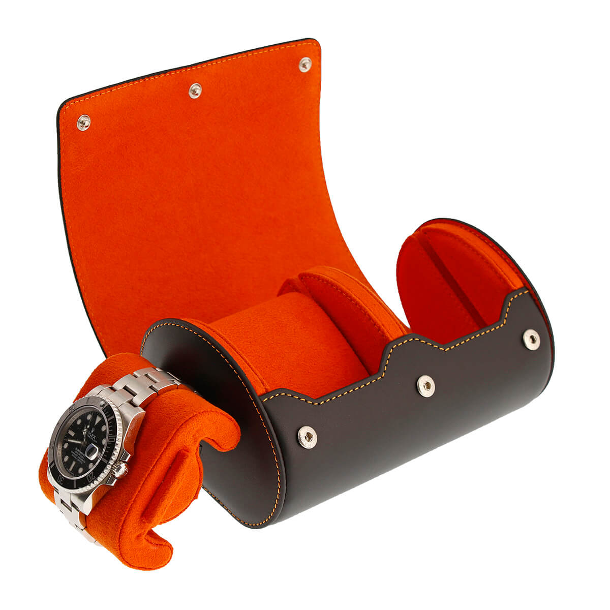 Double Watch Roll Case Premium Black Nappa Leather with Orange Lining by Aevitas