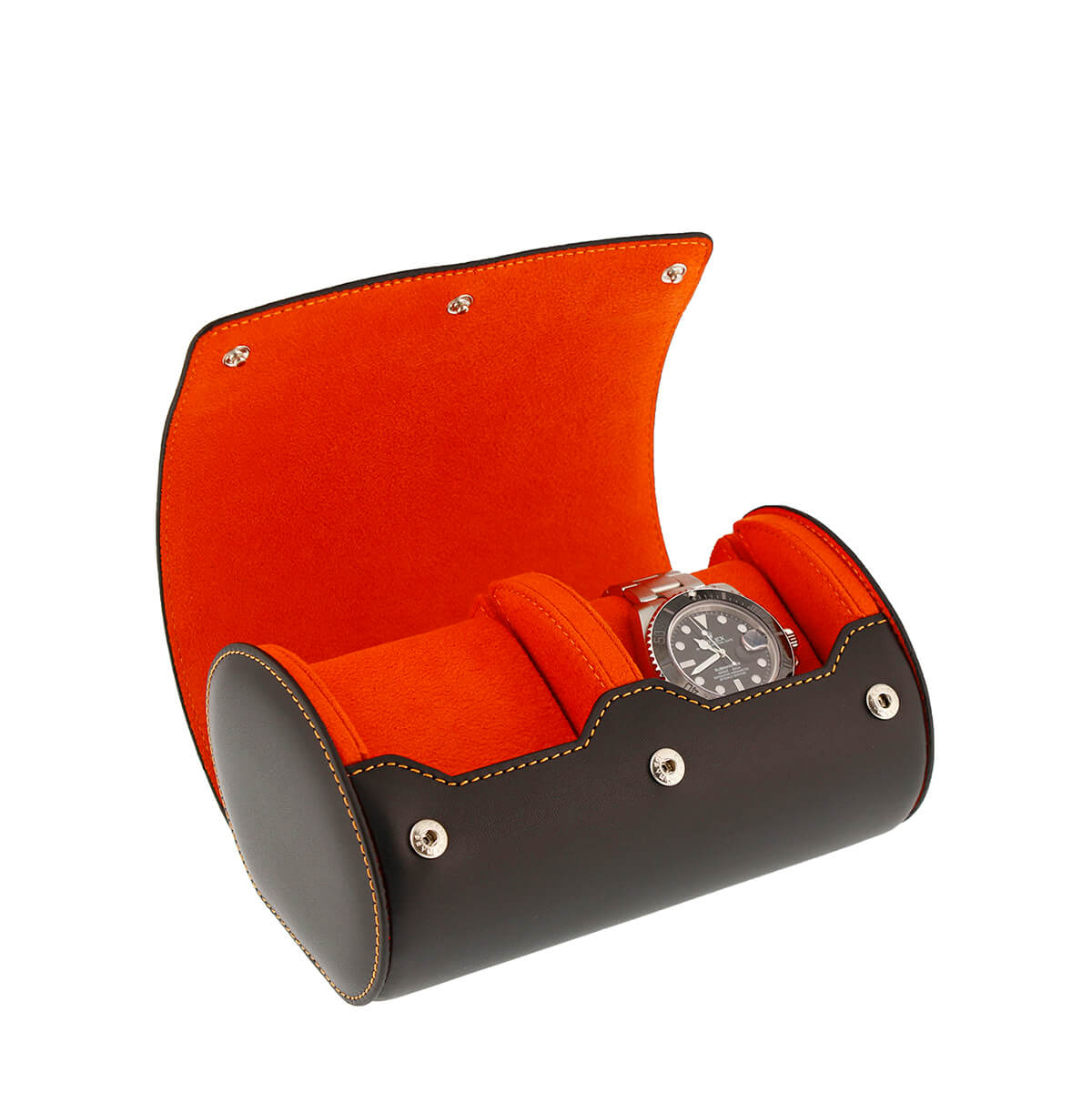 Double Watch Roll Case Premium Black Nappa Leather with Orange Lining by Aevitas