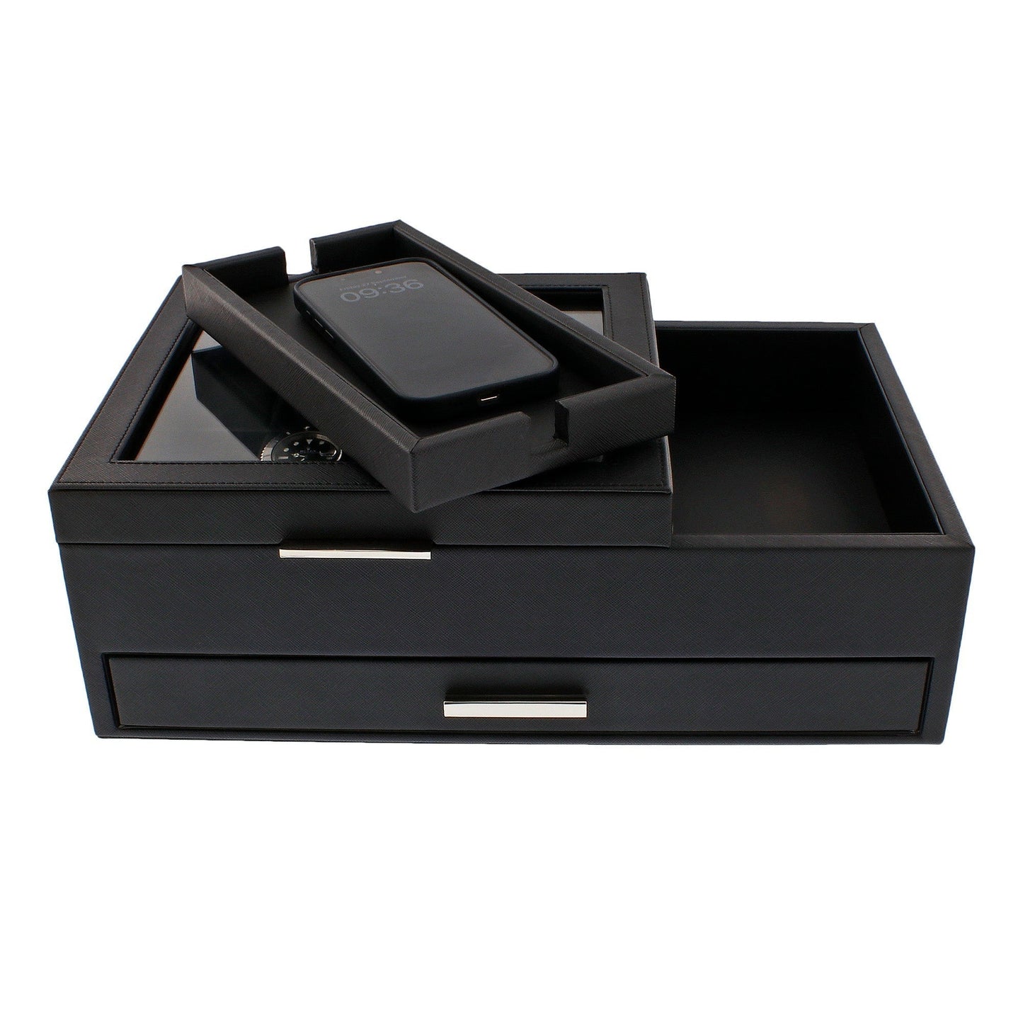 Men's Large Black Valet Tray with 8 Watch Holders by Aevitas