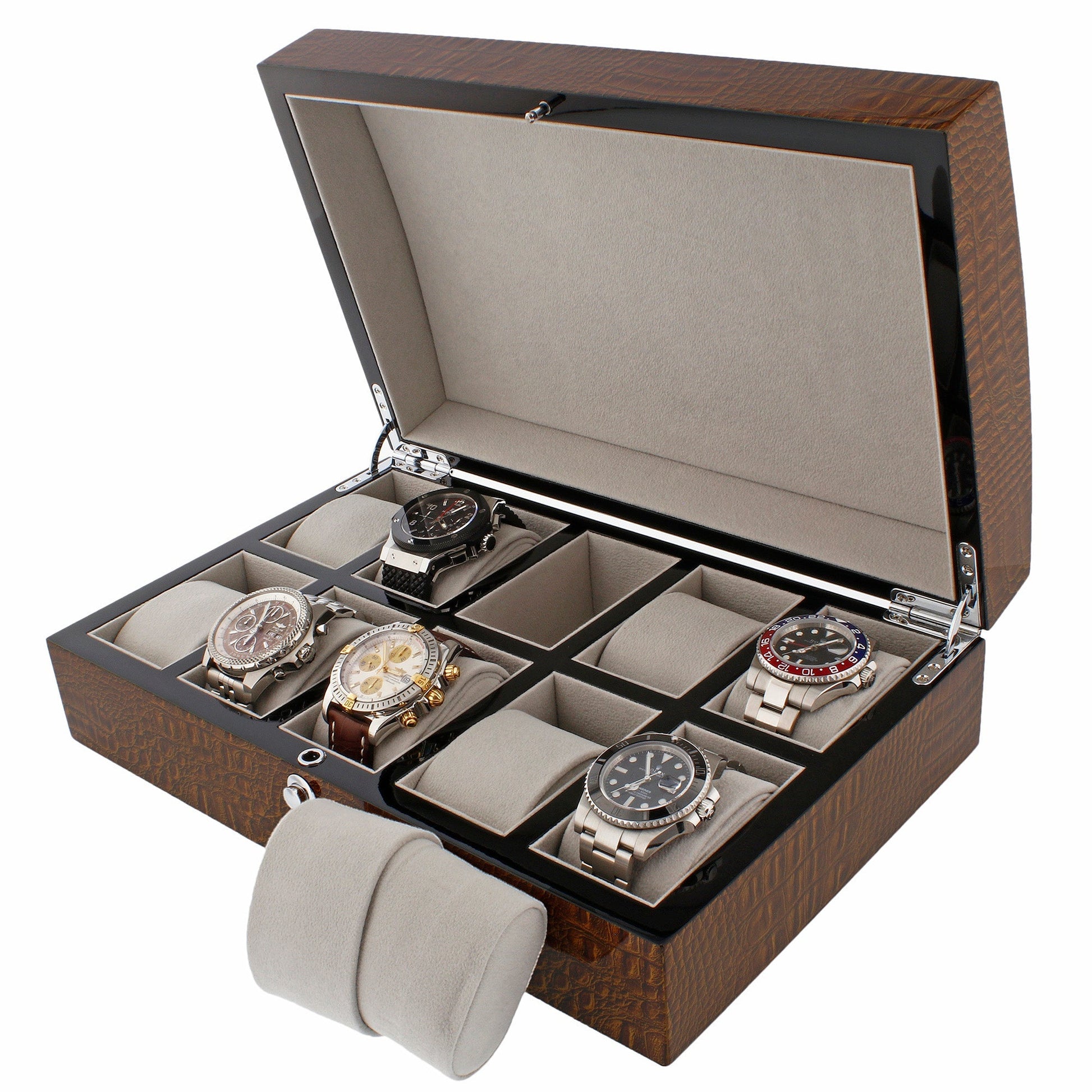 Premium 10 Watch Box in Brown High Gloss Lacquered Crocodile Print Finish by Aevitas