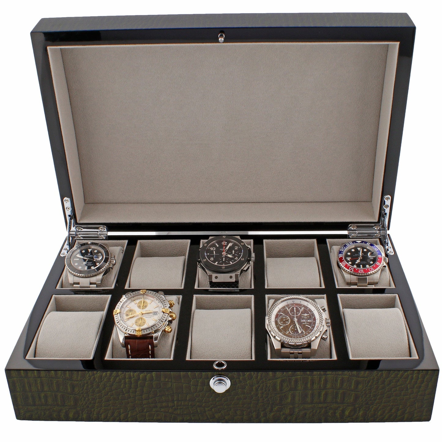 Premium 10 Watch Box in Green High Gloss Lacquered Crocodile Print Finish by Aevitas