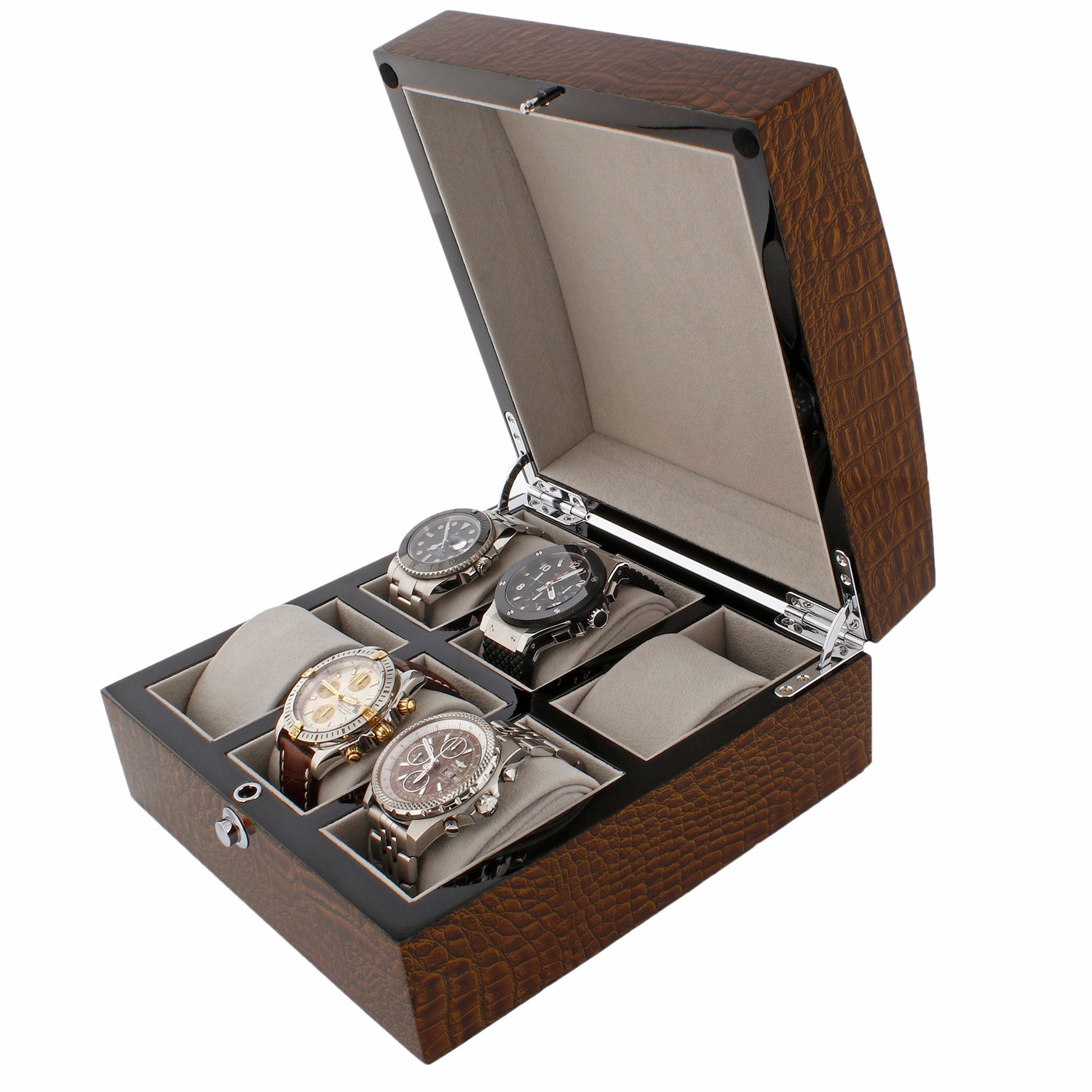 Premium 6 Watch Box in Brown High Gloss Lacquered Crocodile Print Finish by Aevitas