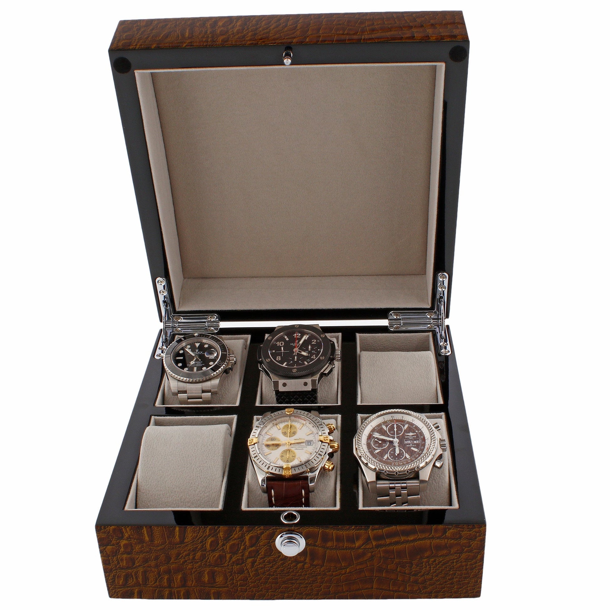 Premium 6 Watch Box in Brown High Gloss Lacquered Crocodile Print Finish by Aevitas