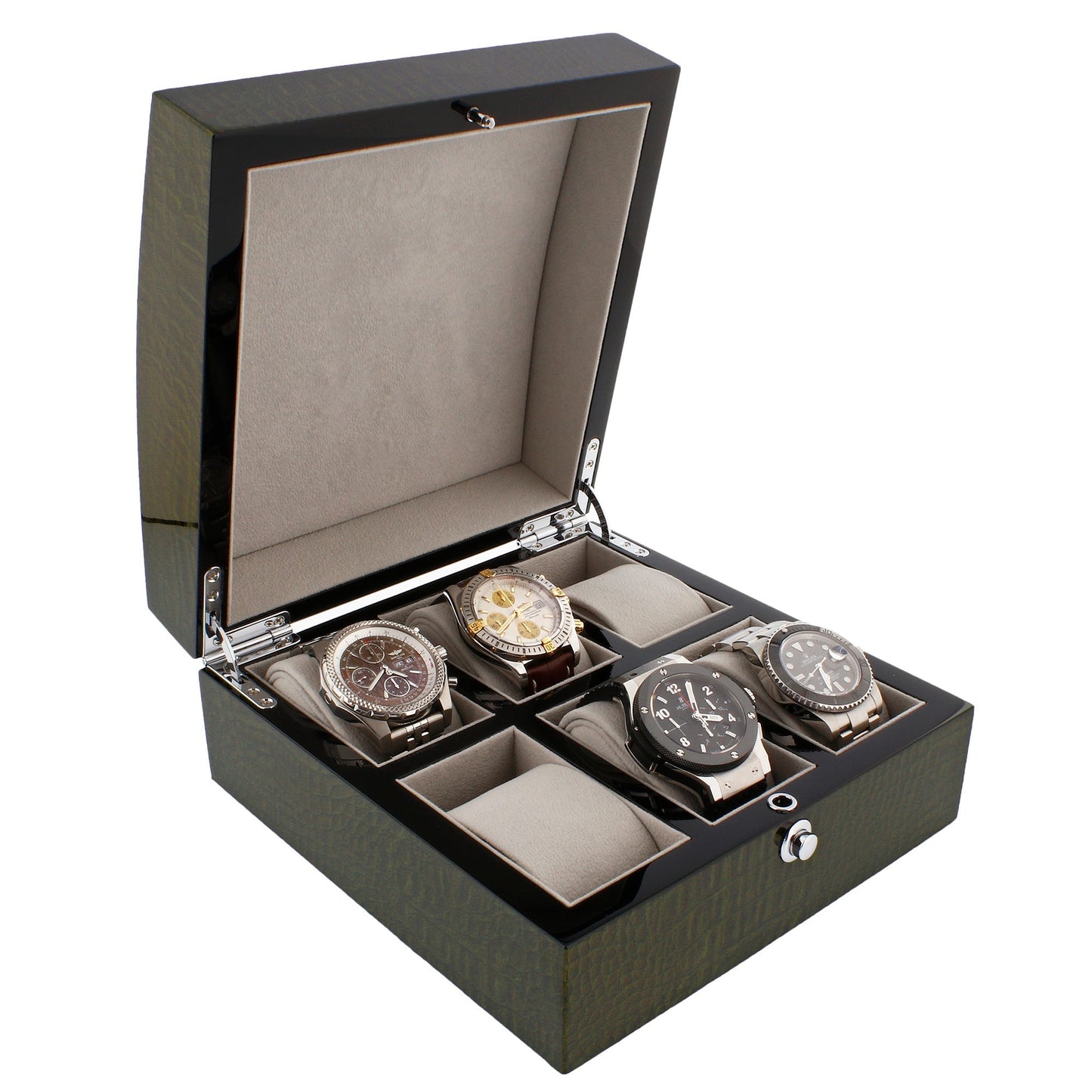 Premium 6 Watch Box in Green High Gloss Lacquered Crocodile Print Finish by Aevitas