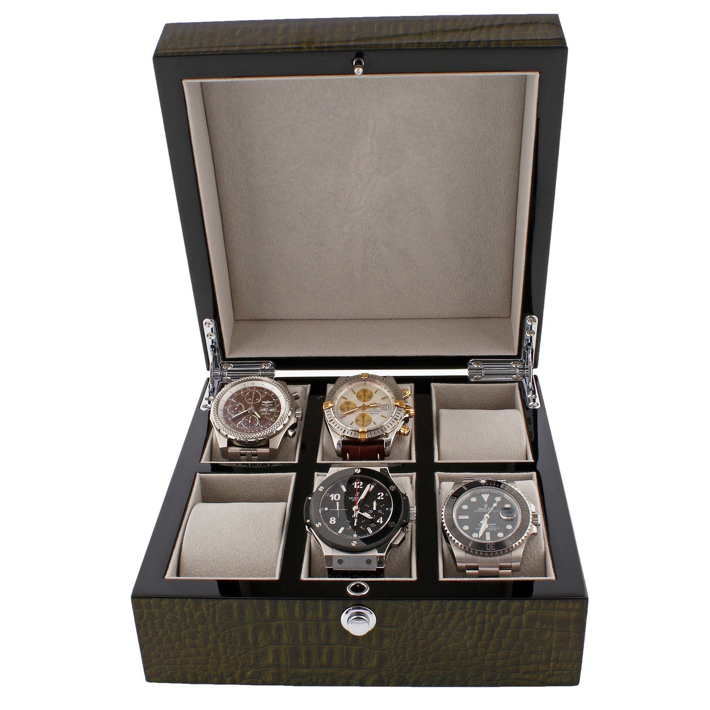 Premium 6 Watch Box in Green High Gloss Lacquered Crocodile Print Finish by Aevitas