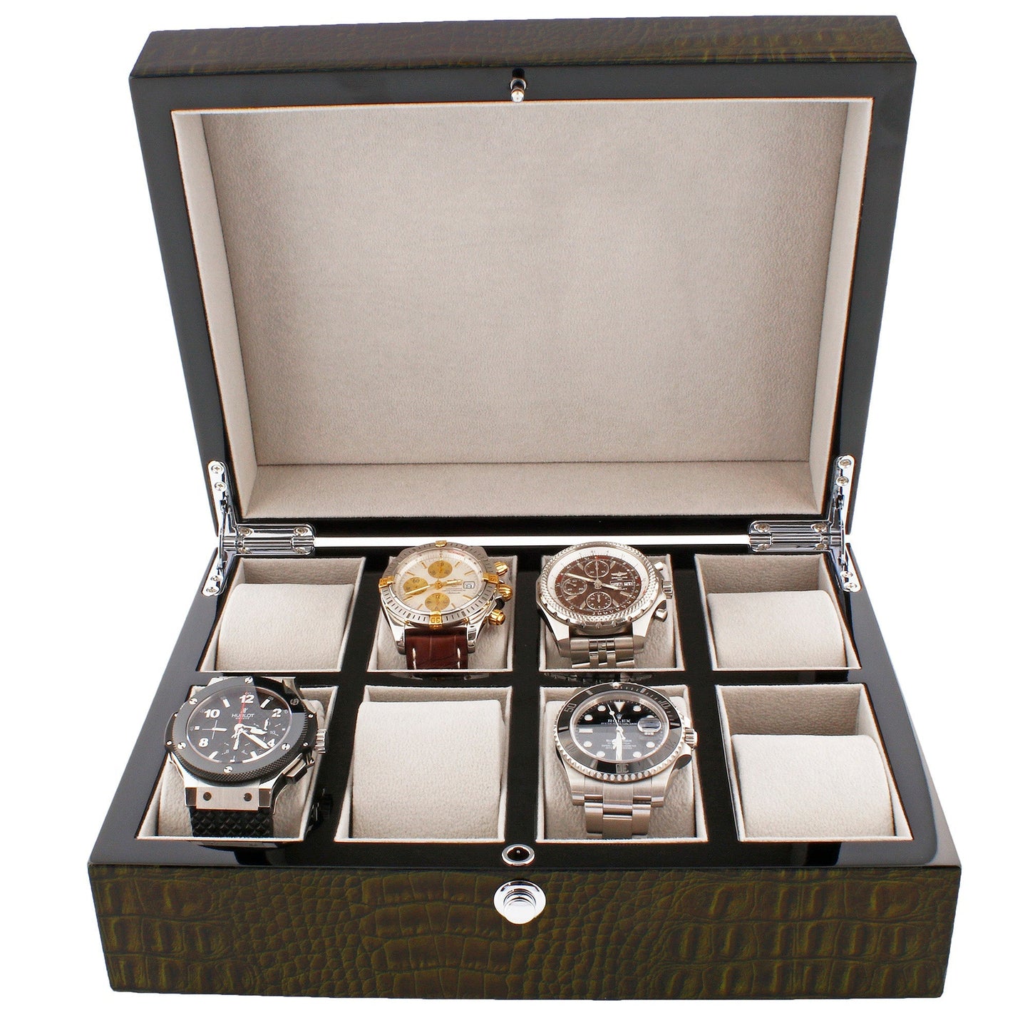 Premium 8 Watch Box in Green High Gloss Lacquered Crocodile Print Finish by Aevitas