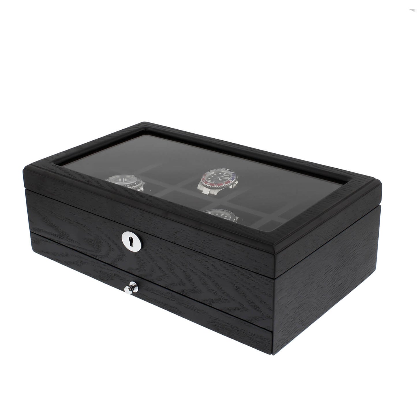 Premium Black Oak Veneer Watch Box for 10 Watches Extra Storage Drawer