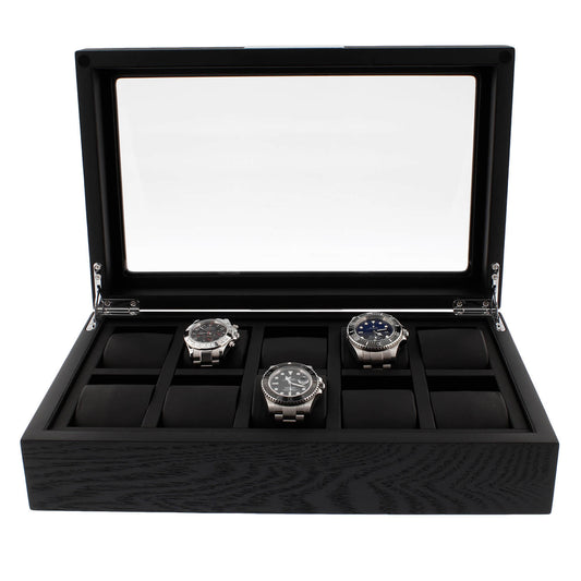 Premium Black Oak Veneer Watch Box for 10 Watches