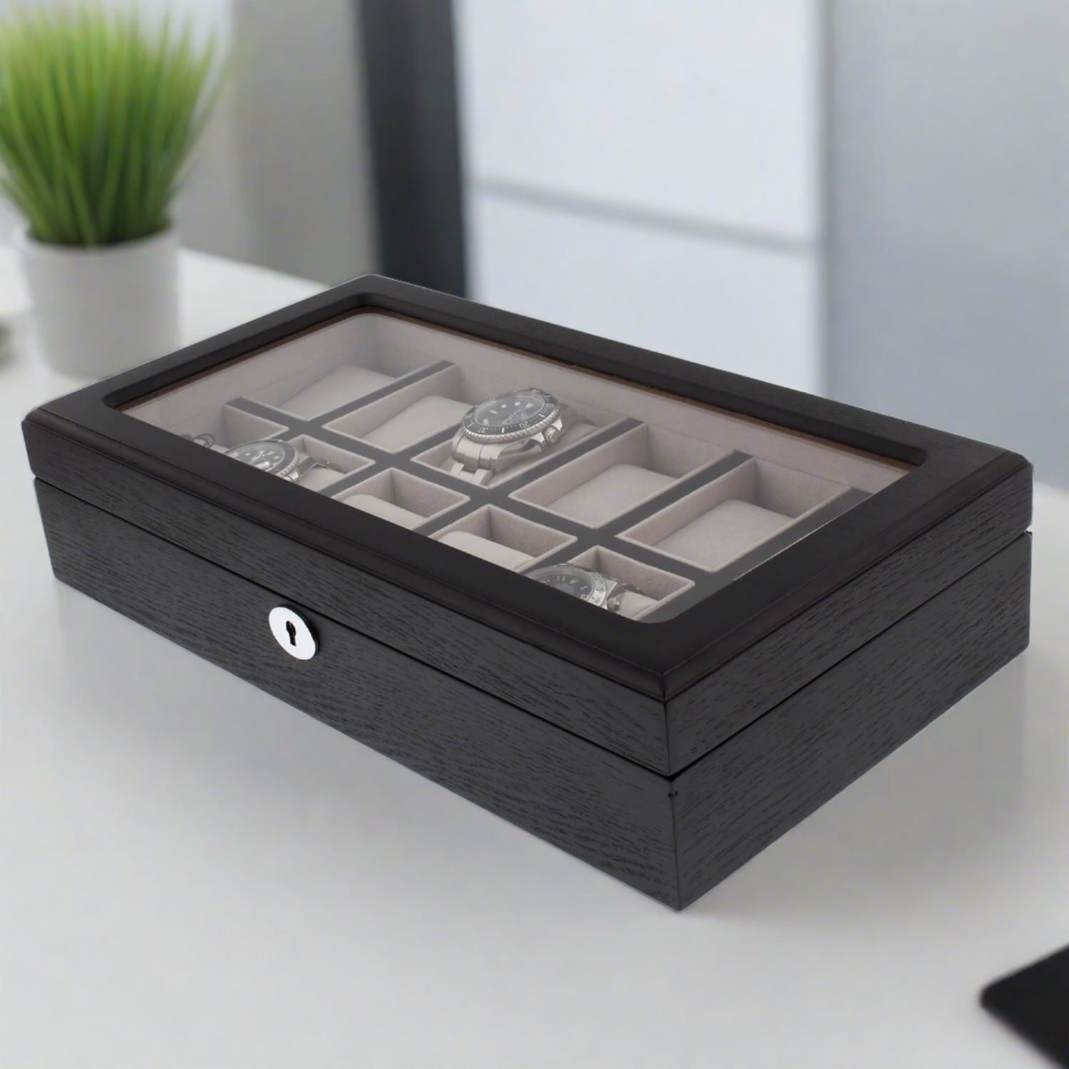 Premium Black Oak Veneer Watch Box for 12 Watches