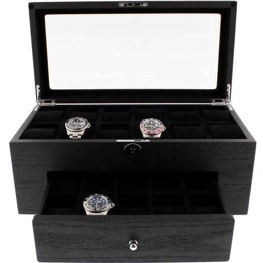 Premium Black Oak Veneer Watch Box for 22 Watches with Drawer