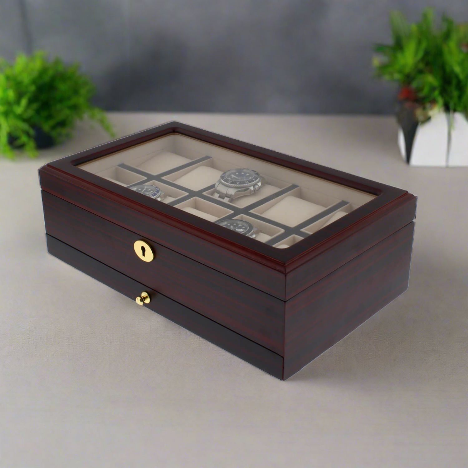 Premium Cherry Wood Satin Finish Watch Box for 10 Watches Extra Storage Drawer