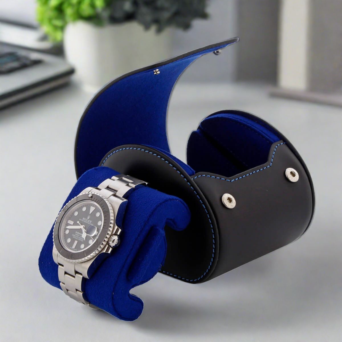 Single Watch Roll Case in Premium Black Nappa Leather with Blue Lining by Aevitas