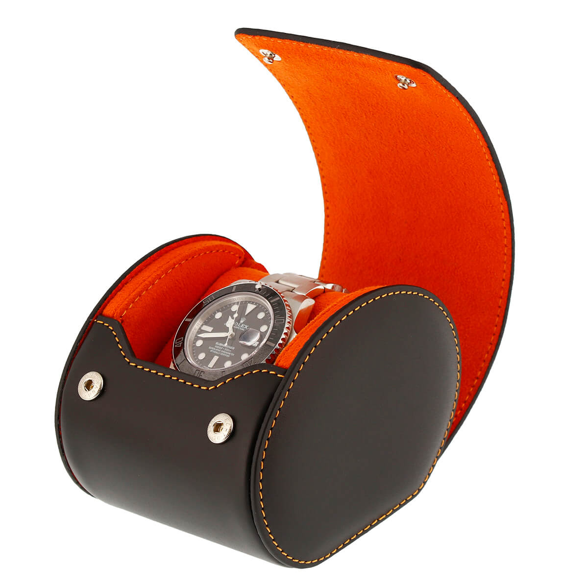 Single Watch Roll Case in Premium Black Nappa Leather with Orange Lining by Aevitas