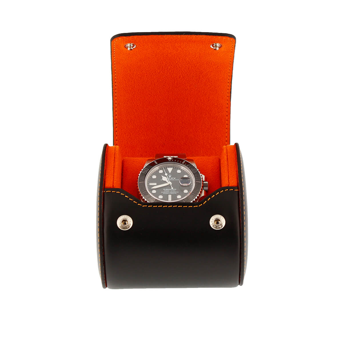 Single Watch Roll Case in Premium Black Nappa Leather with Orange Lining by Aevitas