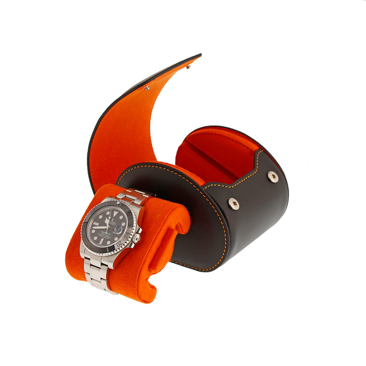 Single Watch Roll Case in Premium Black Nappa Leather with Orange Lining by Aevitas