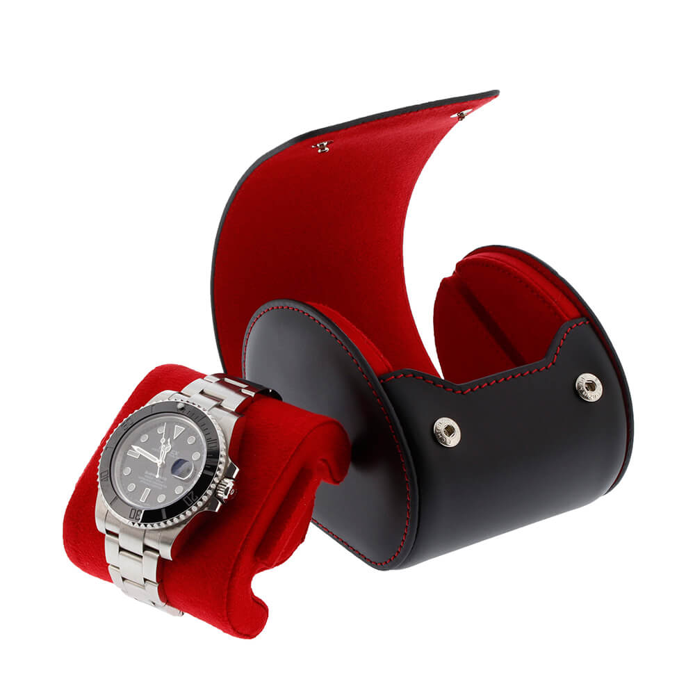 Single Watch Roll Case in Premium Black Nappa Leather with Red Lining by Aevitas