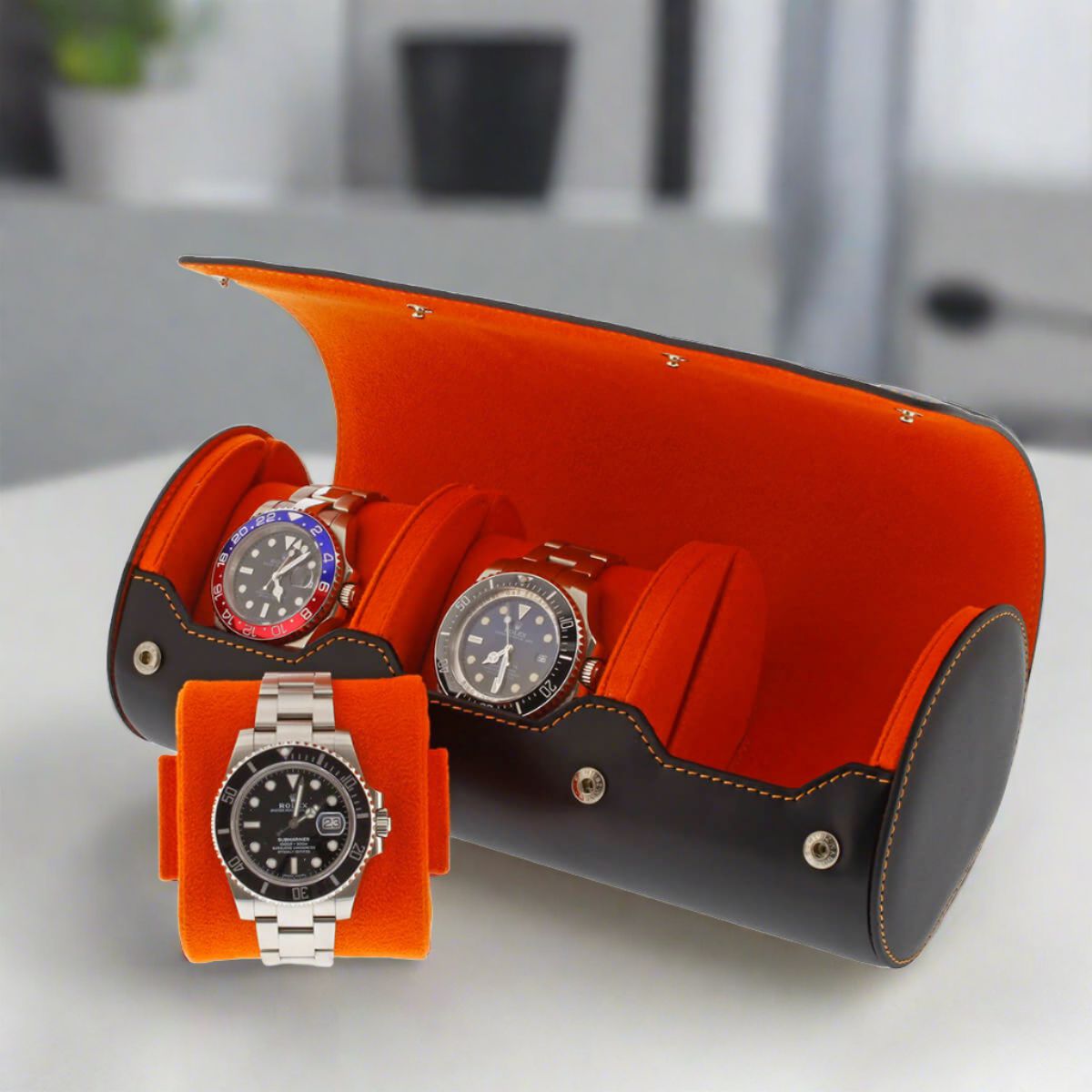 Triple Watch Roll Case Premium Black Nappa Leather with Orange Lining by Aevitas