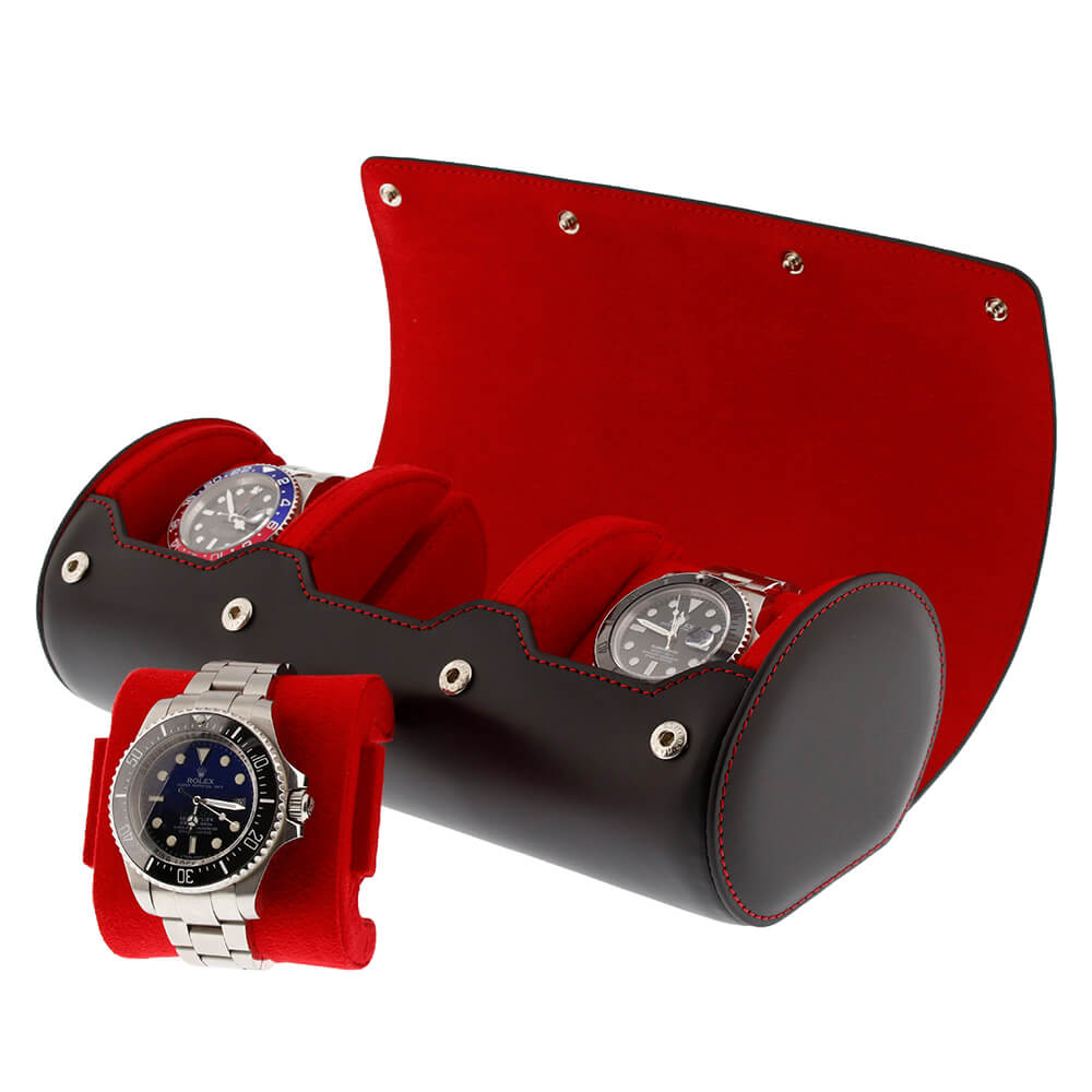 Triple Watch Roll Case Premium Black Nappa Leather with Red Lining by Aevitas