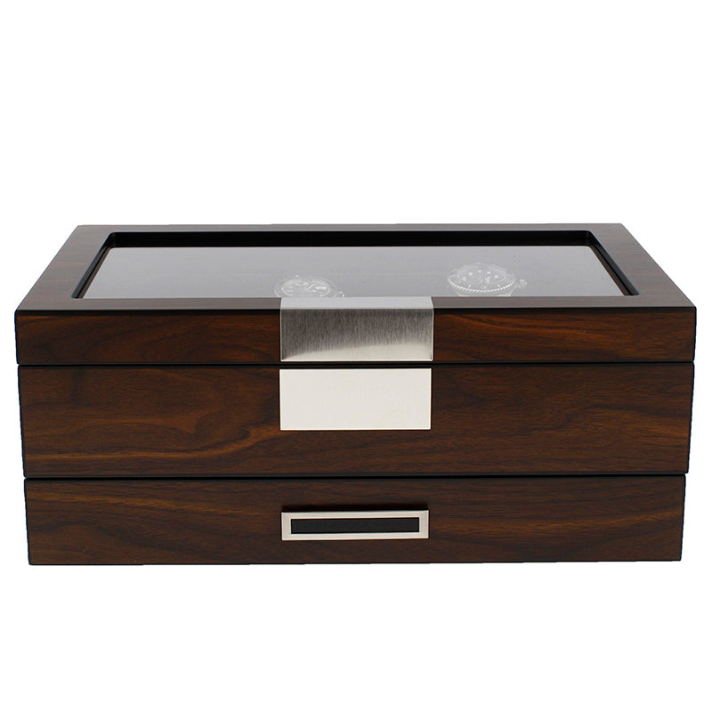 12 Watch Box plus Extra Storage in Natural Dark Walnut Veneer Finish by Aevitas - Swiss Watch Store UK