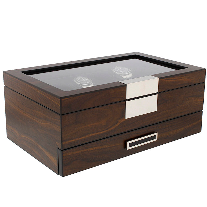 12 Watch Box plus Extra Storage in Natural Dark Walnut Veneer Finish by Aevitas - Swiss Watch Store UK