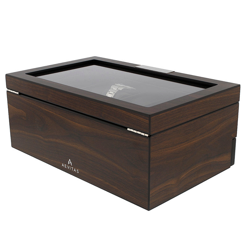 12 Watch Box plus Extra Storage in Natural Dark Walnut Veneer Finish by Aevitas - Swiss Watch Store UK