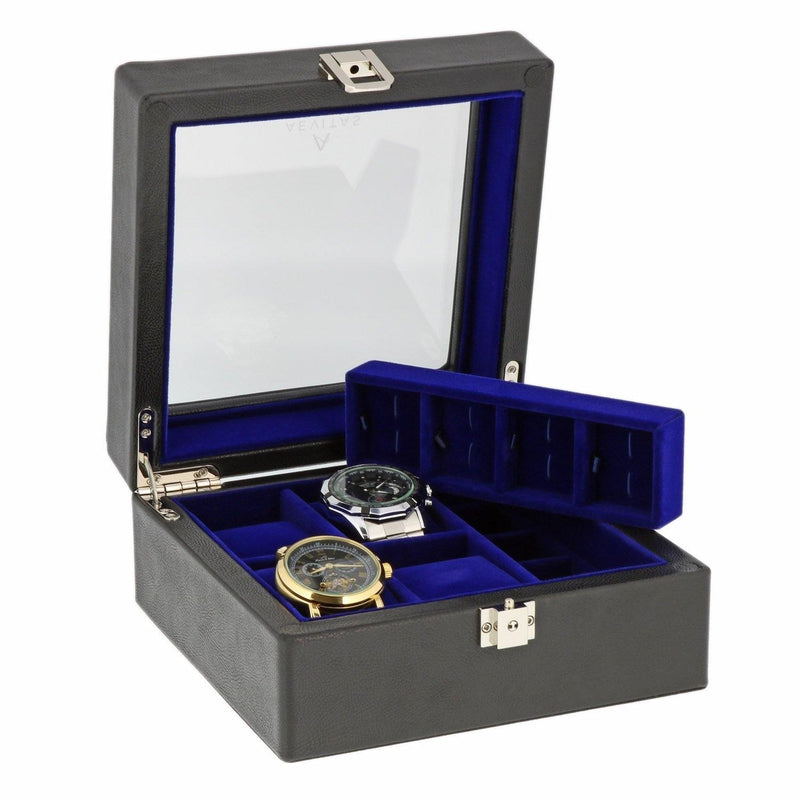 4 Watch Box Black Genuine Leather with 8 Cufflink Holders by Aevitas - Swiss Watch Store UK