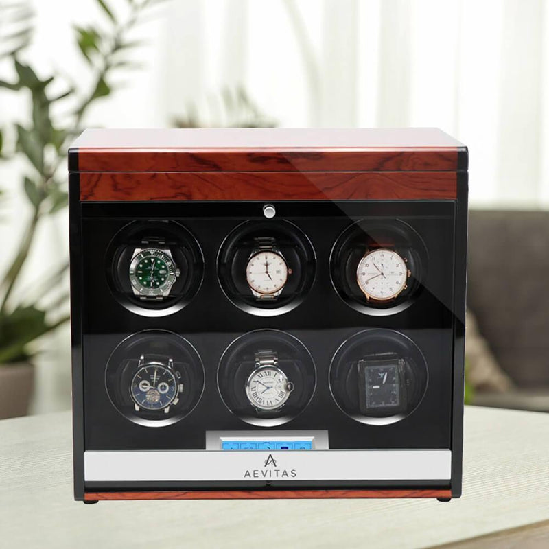 6 Watch Winder with Extra Storage with Wood Veneer Finish by Aevitas - Special Offer - Swiss Watch Store UK