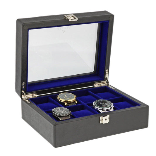 8 Watch Box Black Genuine Leather Royal Blue Velvet Lining by Aevitas