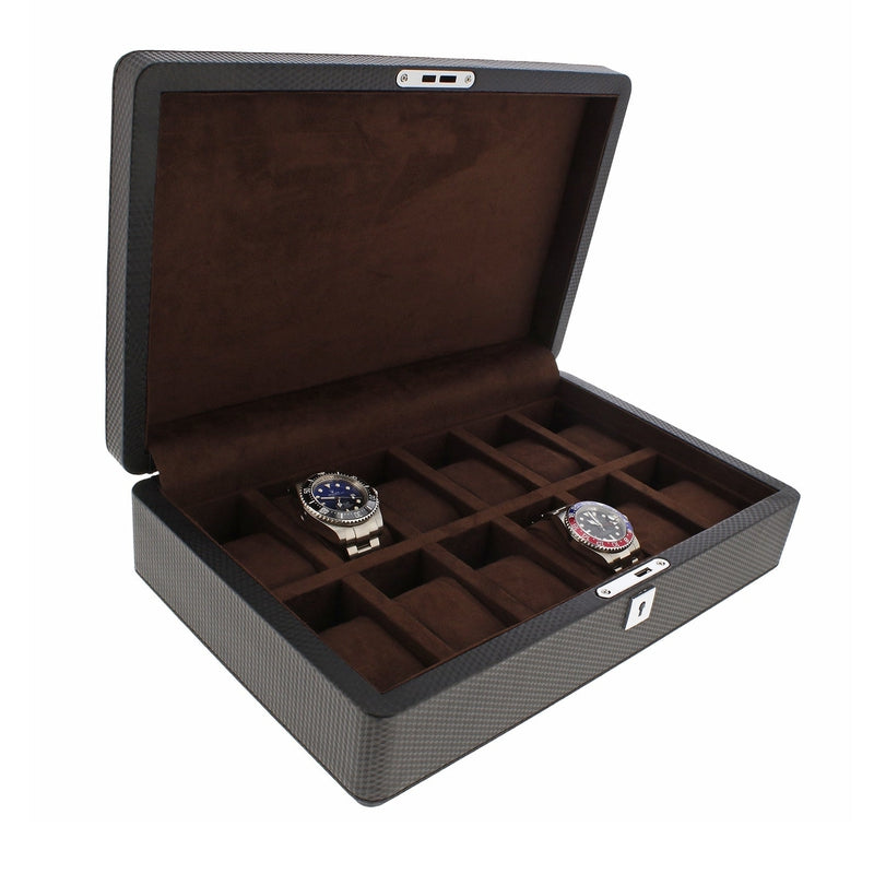 Carbon Fibre Leather Watch Box Premium Quality 12 Watches by Aevitas - Swiss Watch Store UK