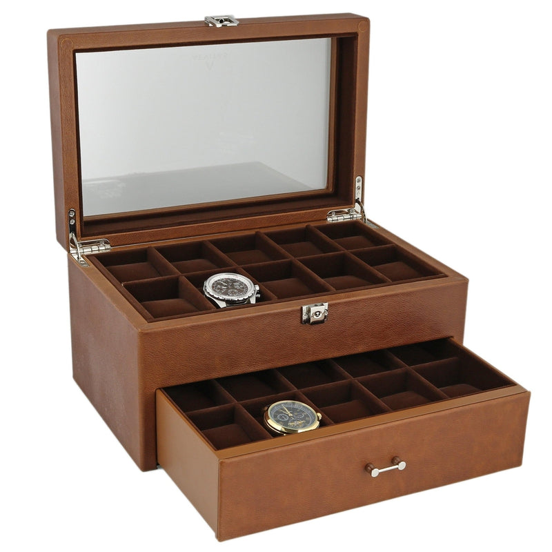 Cognac Brown Genuine Leather 20 Watch Box with Drawer by Aevitas