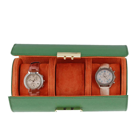 Premium Ladies 3 Watch Roll in Emerald Green Saffiano Leather Soft Orange Lining - Swiss Watch Store UK