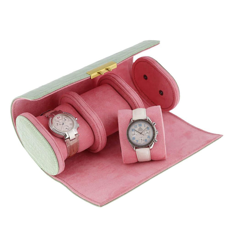 Premium Ladies 3 Watch Roll in Sea Green Croc Leather Soft Pink Lining