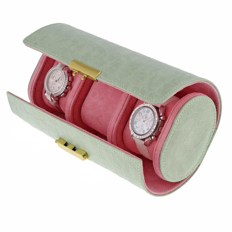 Premium Ladies 3 Watch Roll in Sea Green Croc Leather Soft Pink Lining