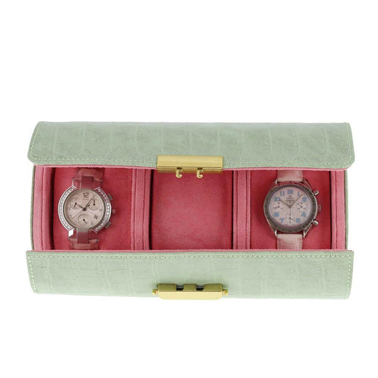 Premium Ladies 3 Watch Roll in Sea Green Croc Leather Soft Pink Lining - Swiss Watch Store UK