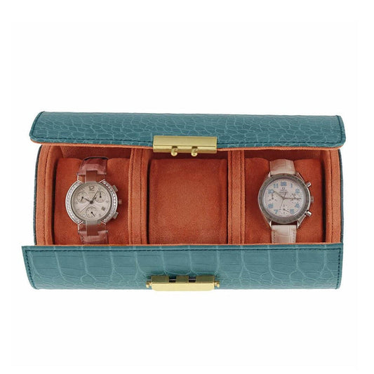 Premium Ladies 3 Watch Roll in Teal Blue Croc Leather Soft Orange Lining - Swiss Watch Store UK