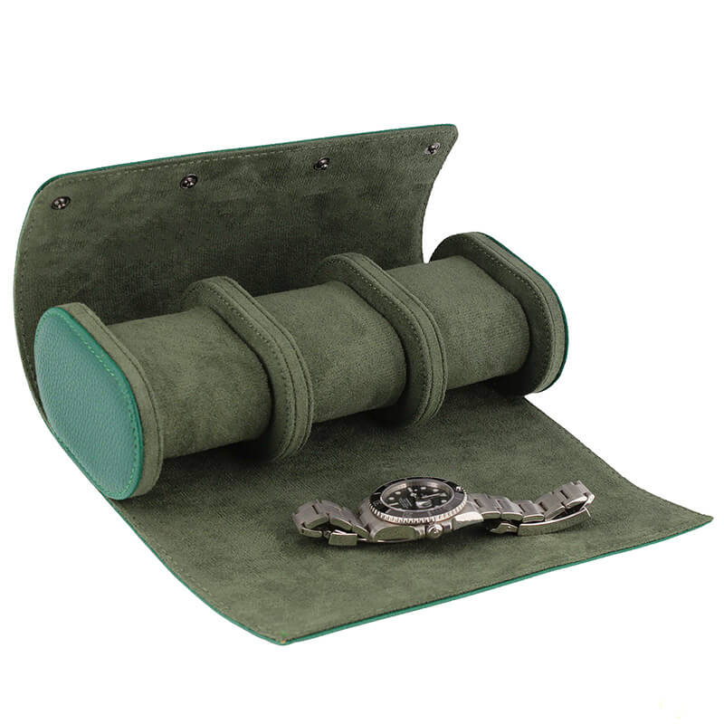 Premium Triple Green Leather Watch Roll with Super Soft Suede Lining