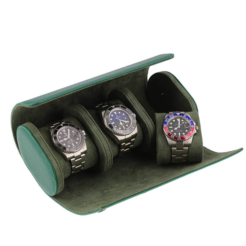 Premium Triple Green Leather Watch Roll with Super Soft Suede Lining