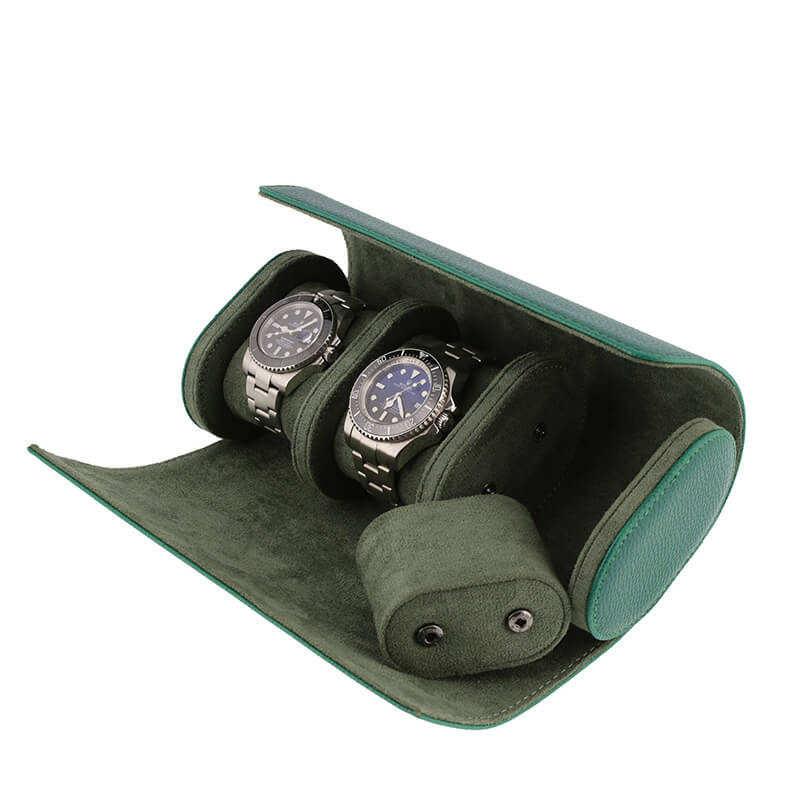 Premium Triple Green Leather Watch Roll with Super Soft Suede Lining